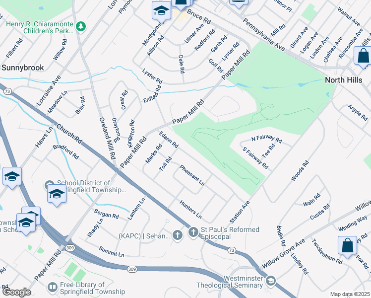 map of restaurants, bars, coffee shops, grocery stores, and more near 1023 Edann Road in Oreland
