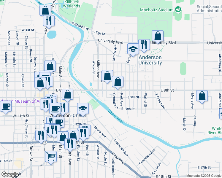 map of restaurants, bars, coffee shops, grocery stores, and more near 711 Central Avenue in Anderson