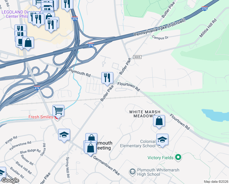 map of restaurants, bars, coffee shops, grocery stores, and more near 110 Carriage Court in Plymouth Meeting