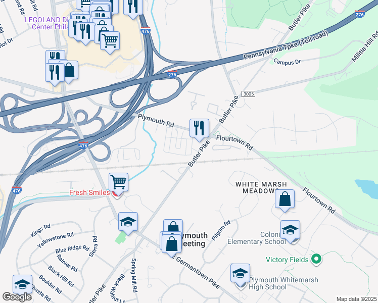 map of restaurants, bars, coffee shops, grocery stores, and more near 116 Delancey Place in Plymouth Meeting