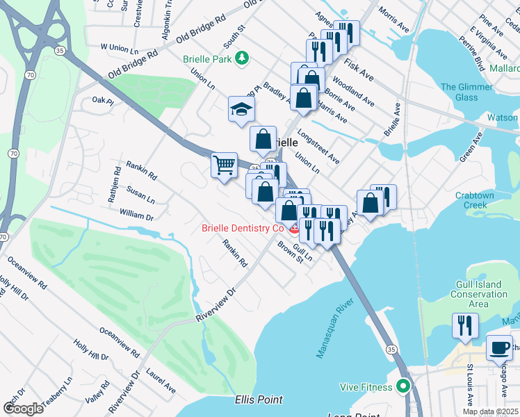 map of restaurants, bars, coffee shops, grocery stores, and more near 613 Higgins Avenue in Brielle