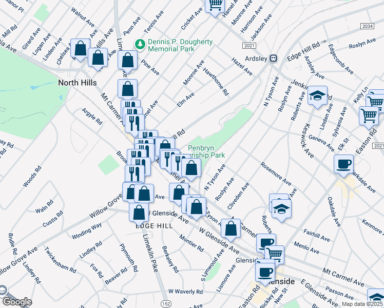 map of restaurants, bars, coffee shops, grocery stores, and more near 2610 Dumont Avenue in Glenside