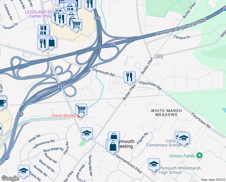 map of restaurants, bars, coffee shops, grocery stores, and more near 218 Rittenhouse Square in Plymouth Meeting