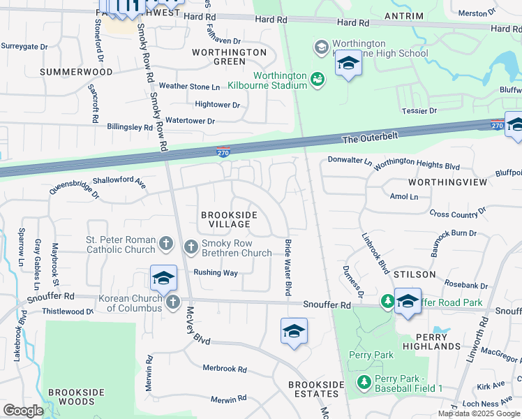 map of restaurants, bars, coffee shops, grocery stores, and more near 7365 Downey Drive in Columbus