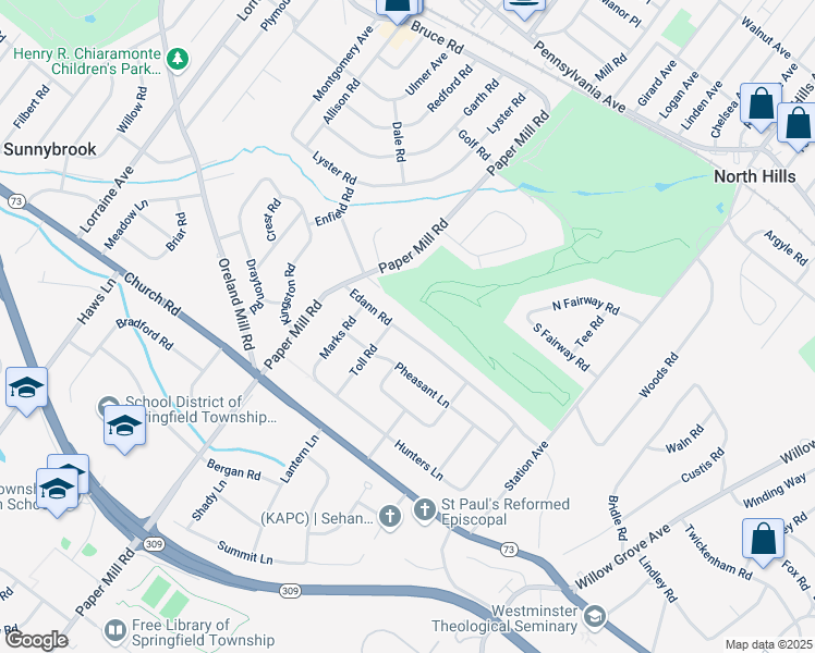 map of restaurants, bars, coffee shops, grocery stores, and more near 1023 Edann Road in Oreland
