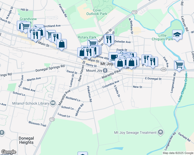 map of restaurants, bars, coffee shops, grocery stores, and more near 224 Marietta Avenue in Mount Joy