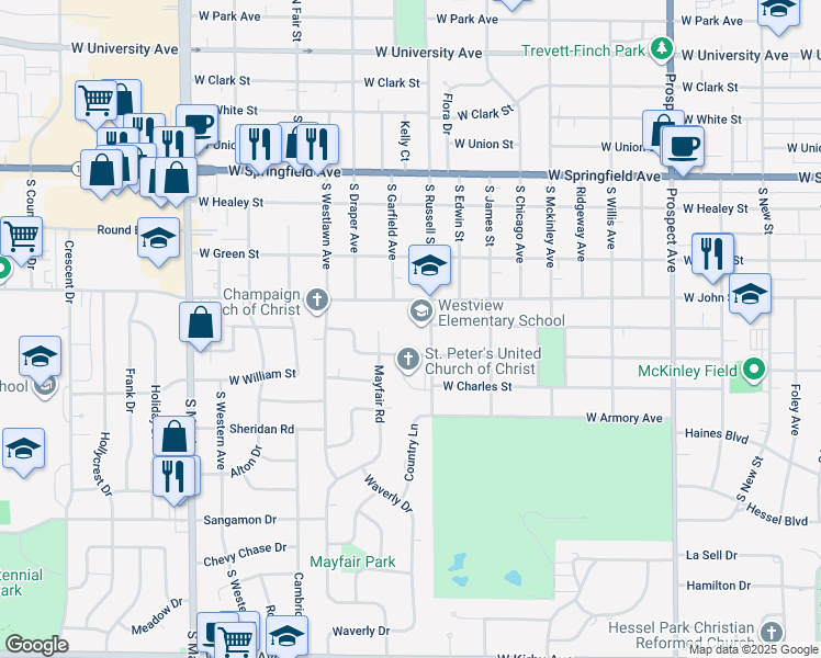 map of restaurants, bars, coffee shops, grocery stores, and more near 703 South Russell Street in Champaign