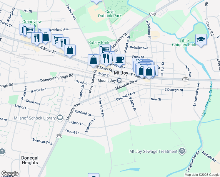 map of restaurants, bars, coffee shops, grocery stores, and more near 224 Marietta Avenue in Mount Joy
