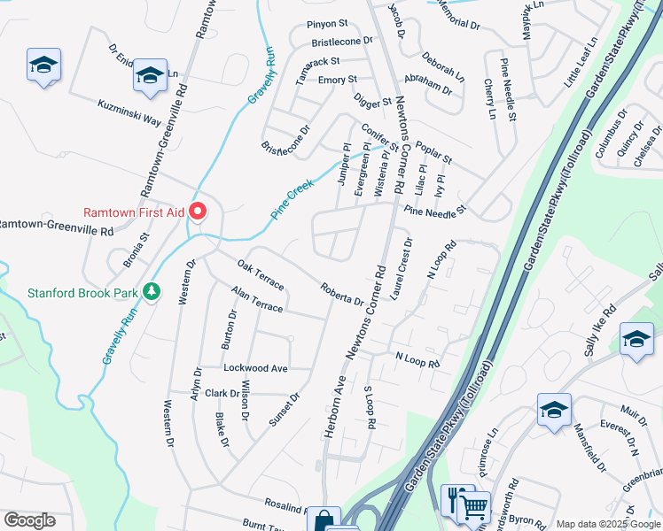 map of restaurants, bars, coffee shops, grocery stores, and more near 2 Pine Cone Lane in Howell Township