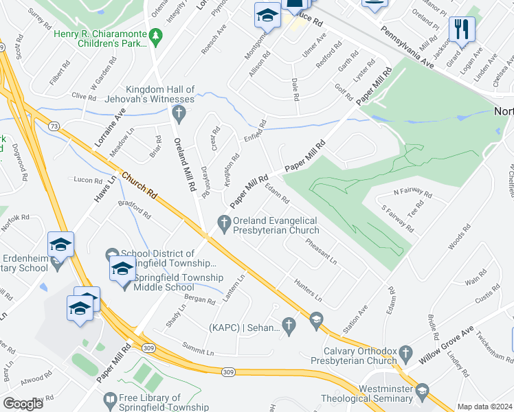 map of restaurants, bars, coffee shops, grocery stores, and more near 511 Marks Road in Oreland
