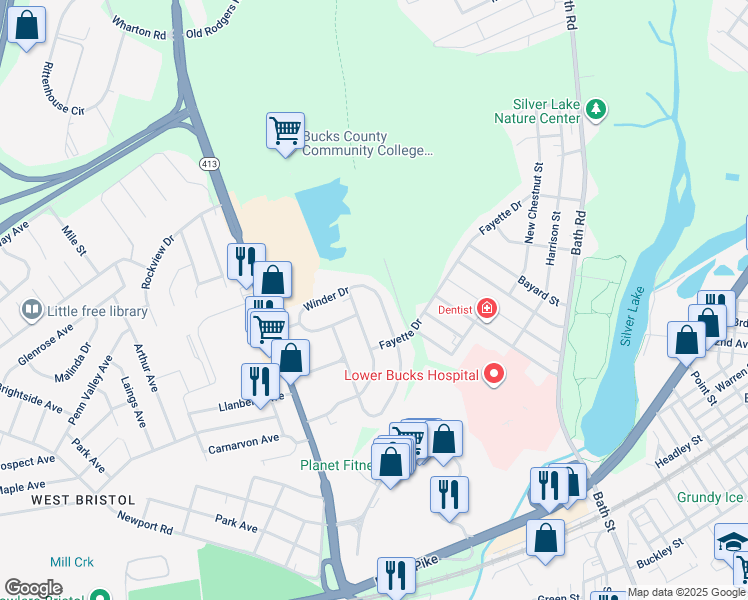 map of restaurants, bars, coffee shops, grocery stores, and more near 921 Winder Drive in Bristol