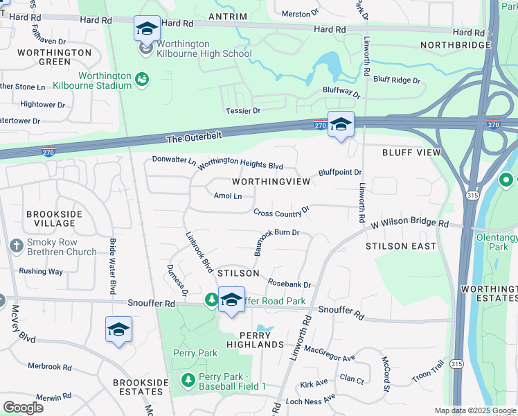 map of restaurants, bars, coffee shops, grocery stores, and more near 7040 Duffy Street in Columbus