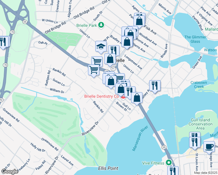 map of restaurants, bars, coffee shops, grocery stores, and more near 613 Higgins Avenue in Brielle