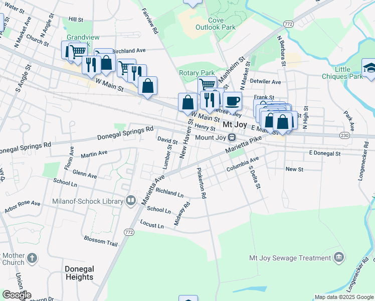 map of restaurants, bars, coffee shops, grocery stores, and more near 129 New Haven Street in Mount Joy