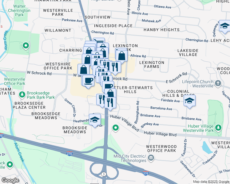 map of restaurants, bars, coffee shops, grocery stores, and more near 650 Hillsdowne Road in Westerville