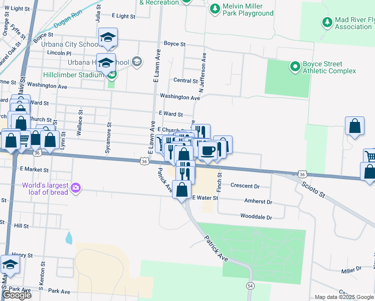 map of restaurants, bars, coffee shops, grocery stores, and more near 690 East Court Street in Urbana