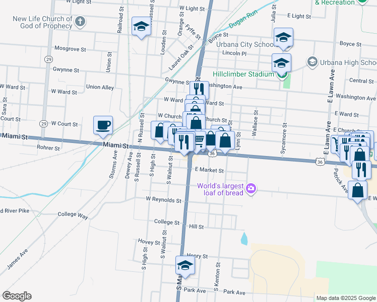 map of restaurants, bars, coffee shops, grocery stores, and more near in Urbana