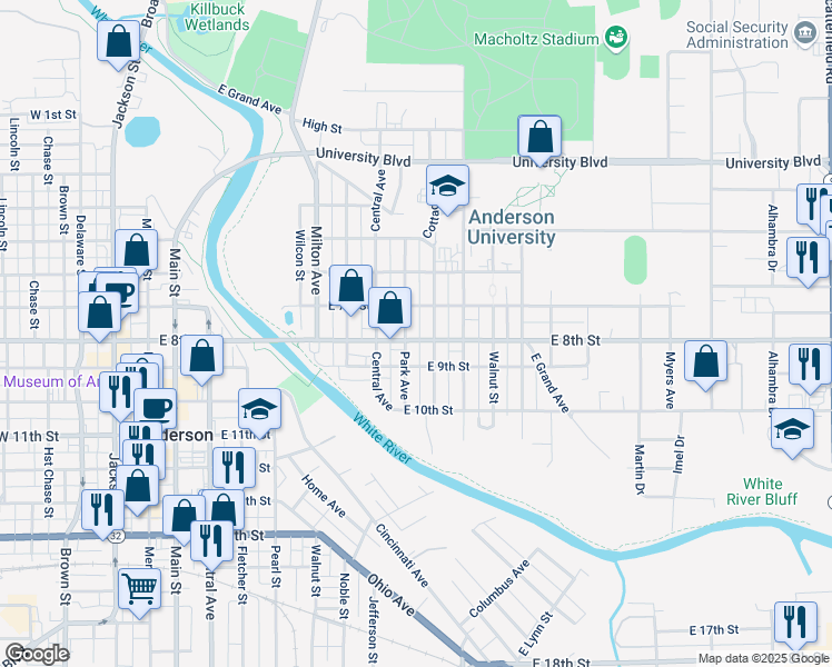 map of restaurants, bars, coffee shops, grocery stores, and more near 715 Park Avenue in Anderson