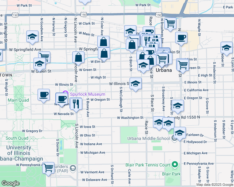 map of restaurants, bars, coffee shops, grocery stores, and more near 504 West California Avenue in Urbana