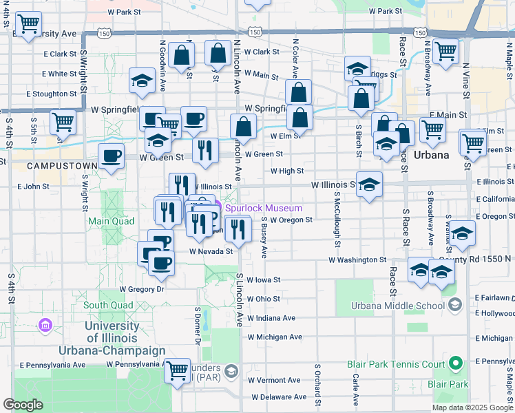 map of restaurants, bars, coffee shops, grocery stores, and more near 505 South Busey Avenue in Urbana