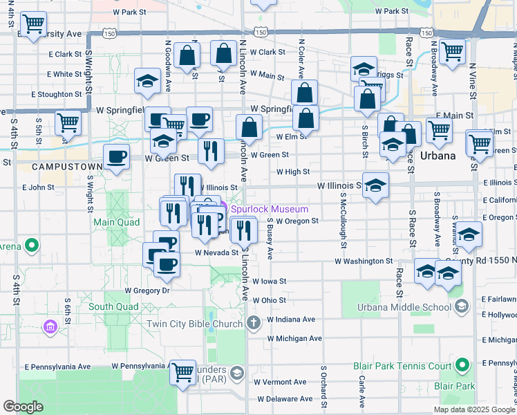 map of restaurants, bars, coffee shops, grocery stores, and more near 505 South Busey Avenue in Urbana