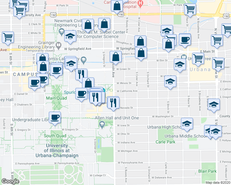 map of restaurants, bars, coffee shops, grocery stores, and more near 504 South Lincoln Avenue in Urbana
