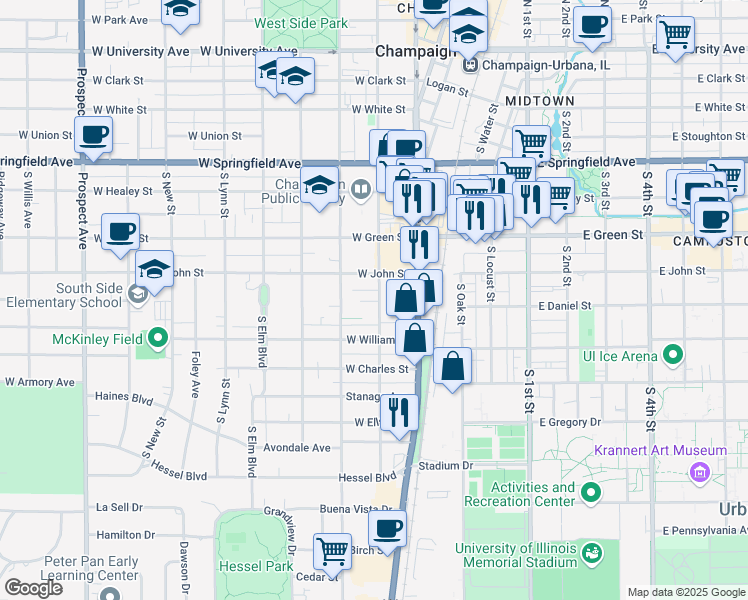 map of restaurants, bars, coffee shops, grocery stores, and more near 2 Villard Court in Champaign