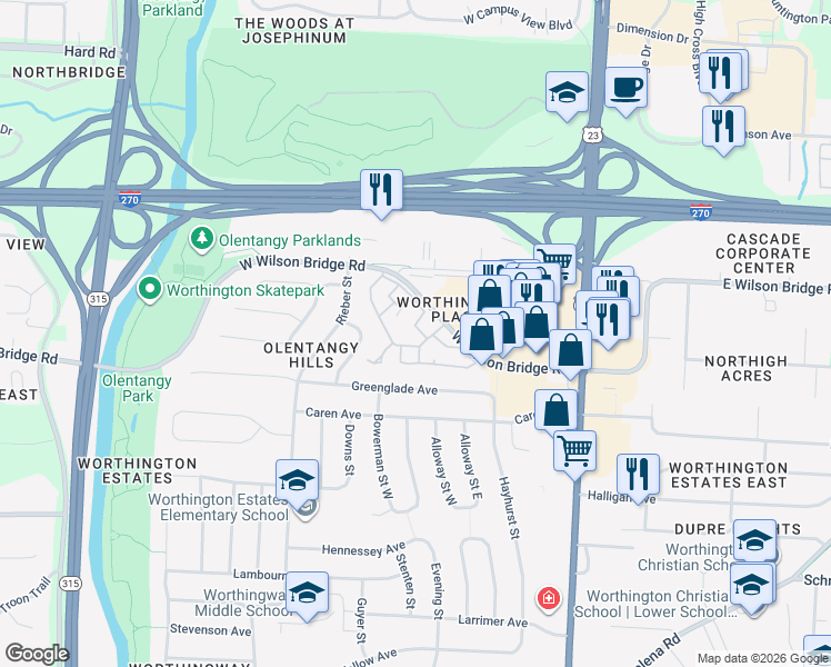 map of restaurants, bars, coffee shops, grocery stores, and more near 203 Saint Pierre Street in Columbus