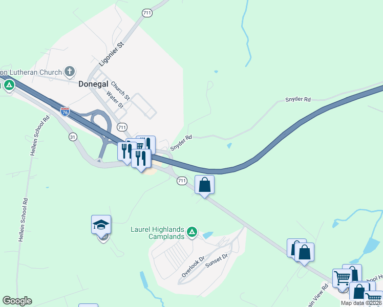 map of restaurants, bars, coffee shops, grocery stores, and more near 212 Snyder Road in Donegal