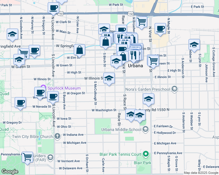 map of restaurants, bars, coffee shops, grocery stores, and more near 312 West Oregon Street in Urbana