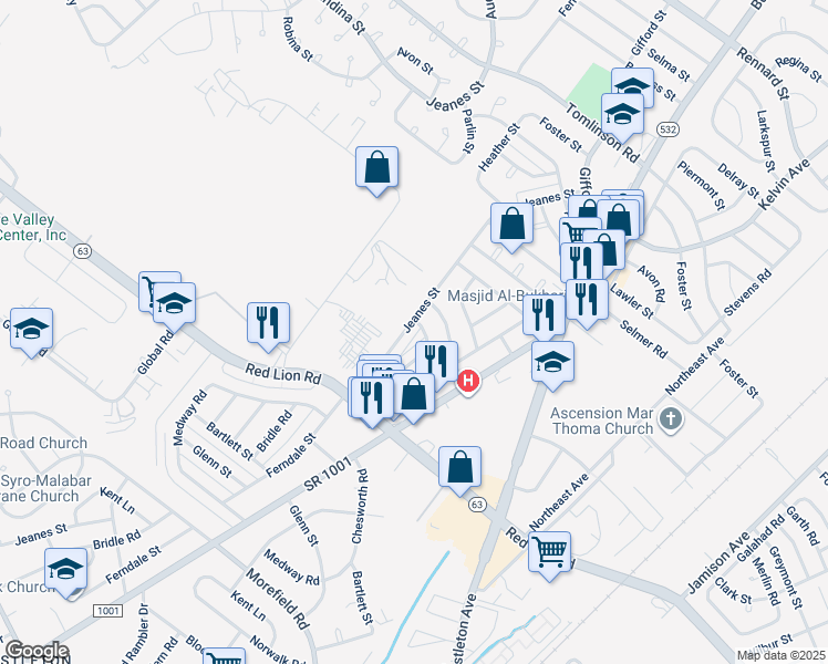 map of restaurants, bars, coffee shops, grocery stores, and more near 10043 Jeanes Street in Philadelphia