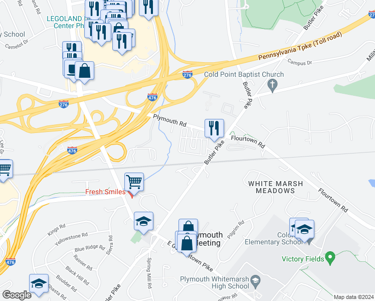 map of restaurants, bars, coffee shops, grocery stores, and more near 216 Rittenhouse Square in Plymouth Meeting