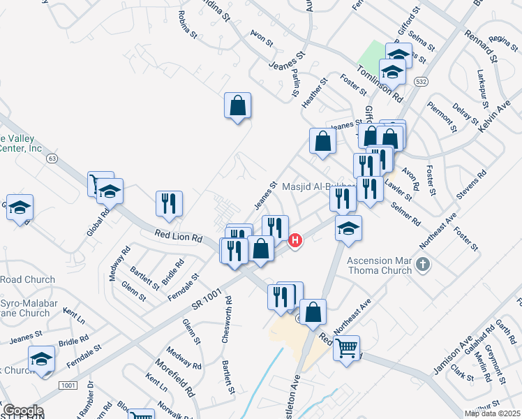 map of restaurants, bars, coffee shops, grocery stores, and more near 10043 Jeanes Street in Philadelphia