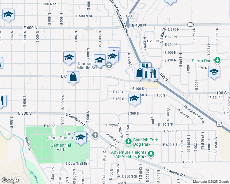 map of restaurants, bars, coffee shops, grocery stores, and more near East 120 South in Spanish Fork