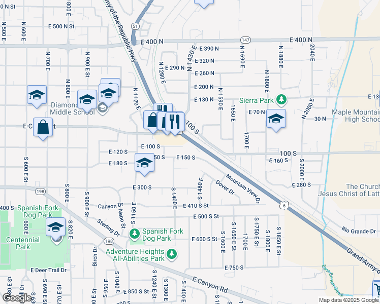 map of restaurants, bars, coffee shops, grocery stores, and more near 1449 East 150 South in Spanish Fork