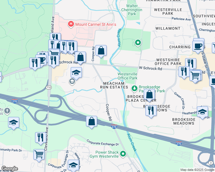 map of restaurants, bars, coffee shops, grocery stores, and more near 456 Meacham Run Court in Westerville