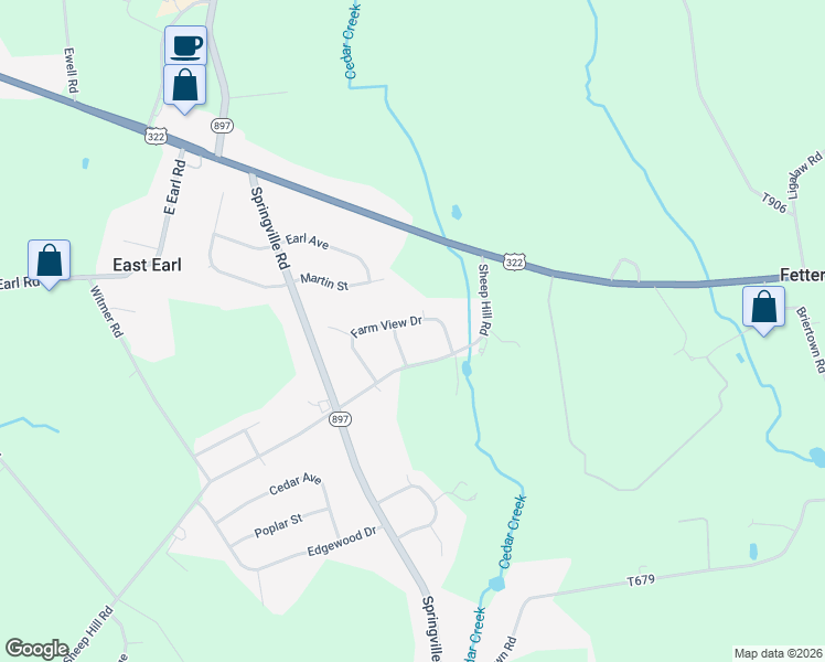 map of restaurants, bars, coffee shops, grocery stores, and more near 349 Farm View Drive in East Earl