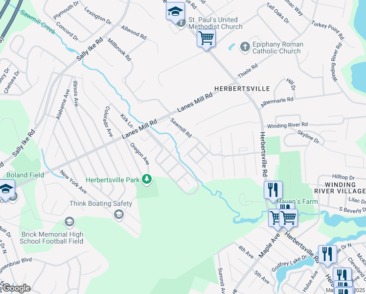 map of restaurants, bars, coffee shops, grocery stores, and more near 1128 Sawmill Road in Brick