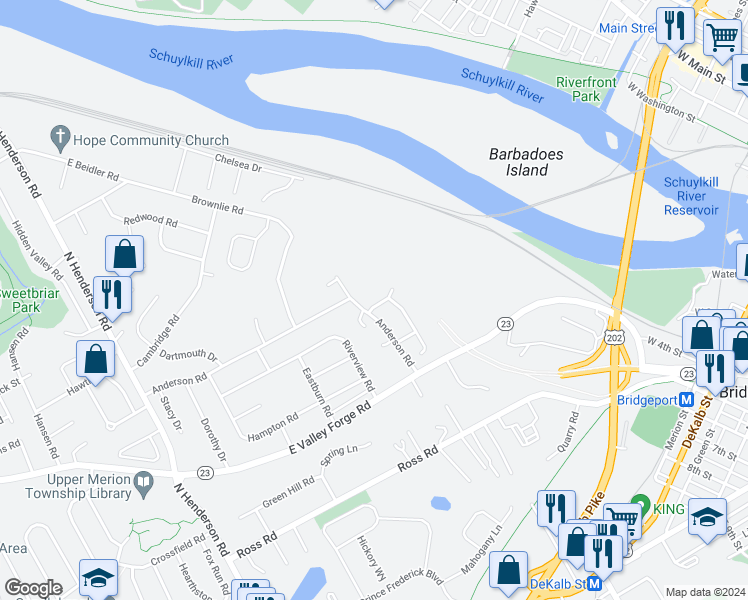 map of restaurants, bars, coffee shops, grocery stores, and more near 405 Ashton Drive in King of Prussia