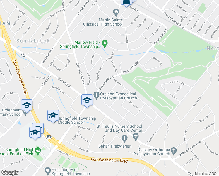 map of restaurants, bars, coffee shops, grocery stores, and more near 511 Marks Road in Oreland