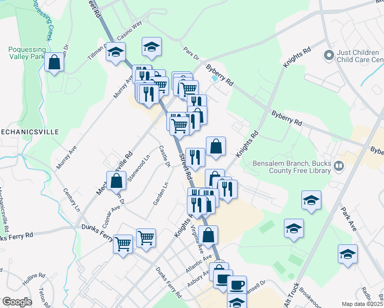 map of restaurants, bars, coffee shops, grocery stores, and more near 2618 Pennsylvania 132 in Bensalem