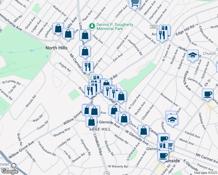 map of restaurants, bars, coffee shops, grocery stores, and more near 122 Egerton Avenue in Glenside