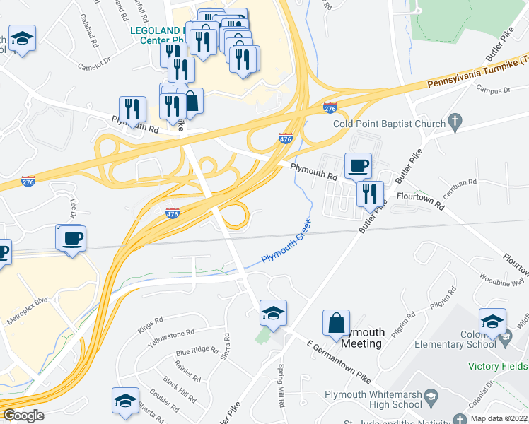 map of restaurants, bars, coffee shops, grocery stores, and more near 2251 Corsons Lane in Plymouth Meeting