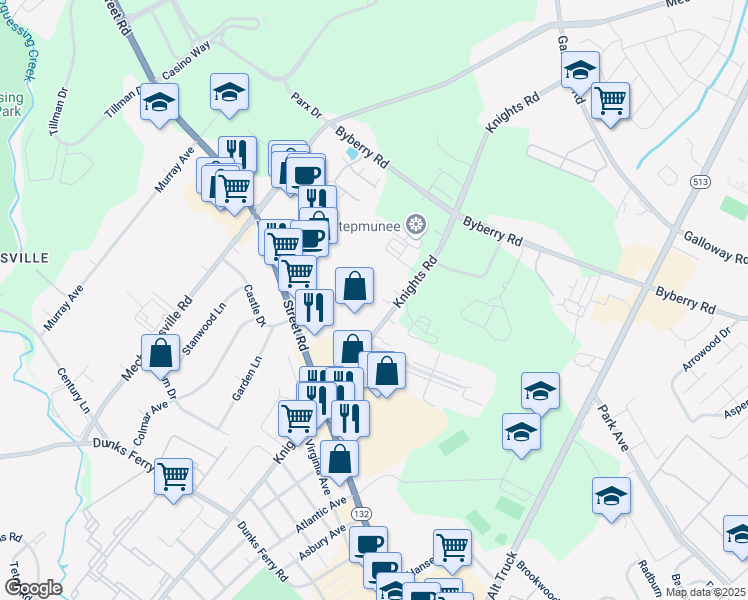 map of restaurants, bars, coffee shops, grocery stores, and more near 3170 Knights Road in Bensalem