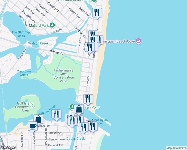 map of restaurants, bars, coffee shops, grocery stores, and more near 297 Beach Front in Manasquan