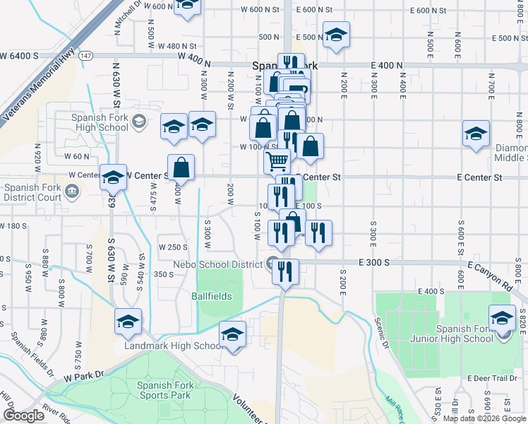 map of restaurants, bars, coffee shops, grocery stores, and more near 120 South Main Street in Spanish Fork