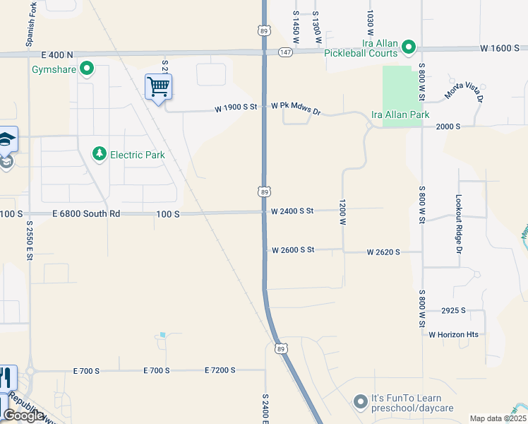 map of restaurants, bars, coffee shops, grocery stores, and more near U.S. Highway 89 in Springville