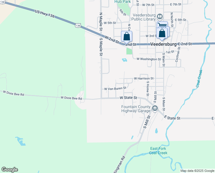 map of restaurants, bars, coffee shops, grocery stores, and more near 412 Helms Street in Veedersburg
