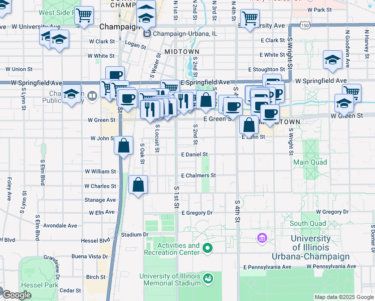 map of restaurants, bars, coffee shops, grocery stores, and more near 805 South 2nd Street in Champaign