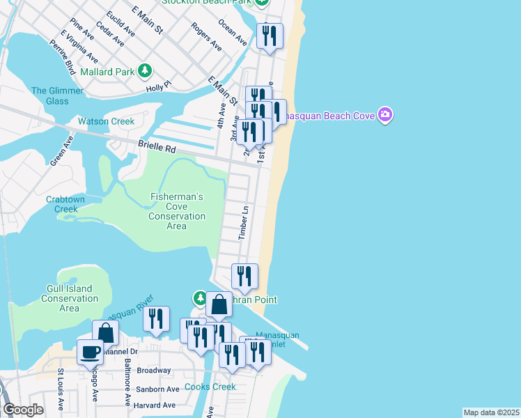 map of restaurants, bars, coffee shops, grocery stores, and more near 297 Beach Front in Manasquan